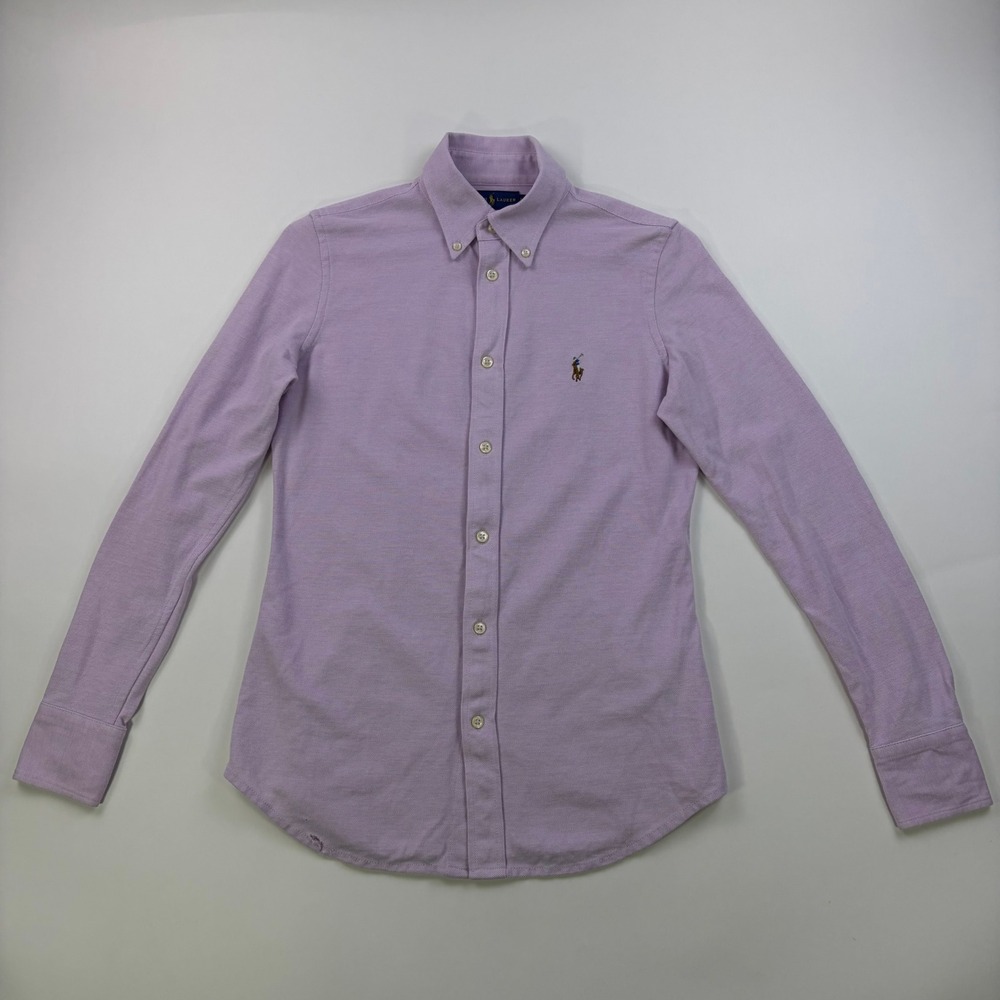 Ralph Lauren Knit Oxford Button Down Shirt Womens Small Purple Slim Fit Pony